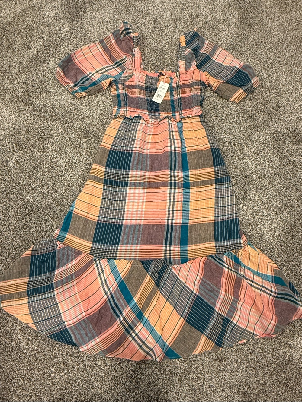 Vineyard Vines NWT Smocked Puff Sleeve Plaid Maxi Dress Mallard Blue M $228